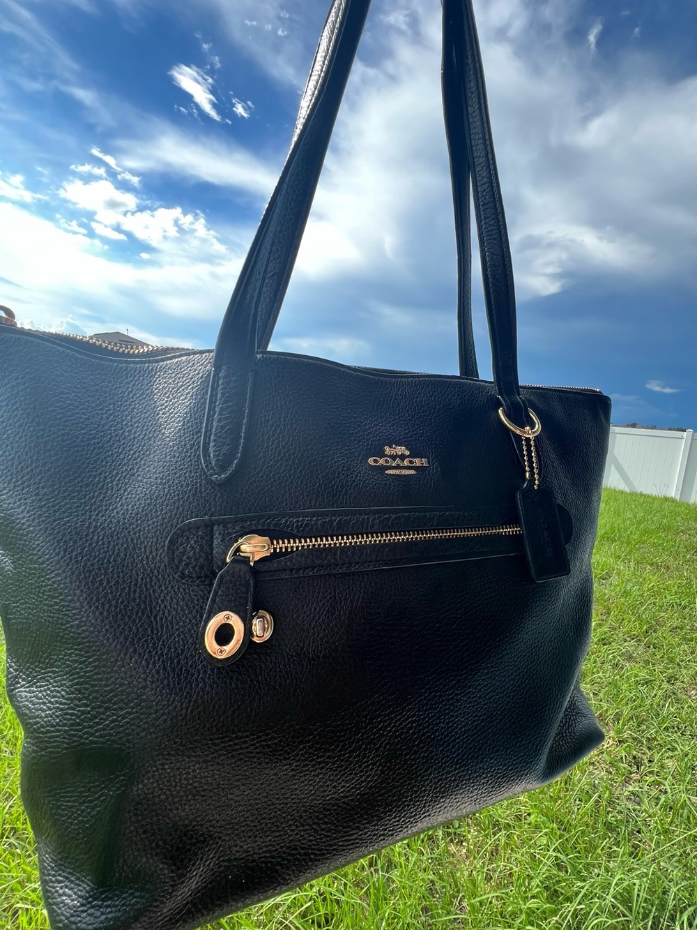 Coach Black Pebble Leather Tote Bag with Gold Hardware